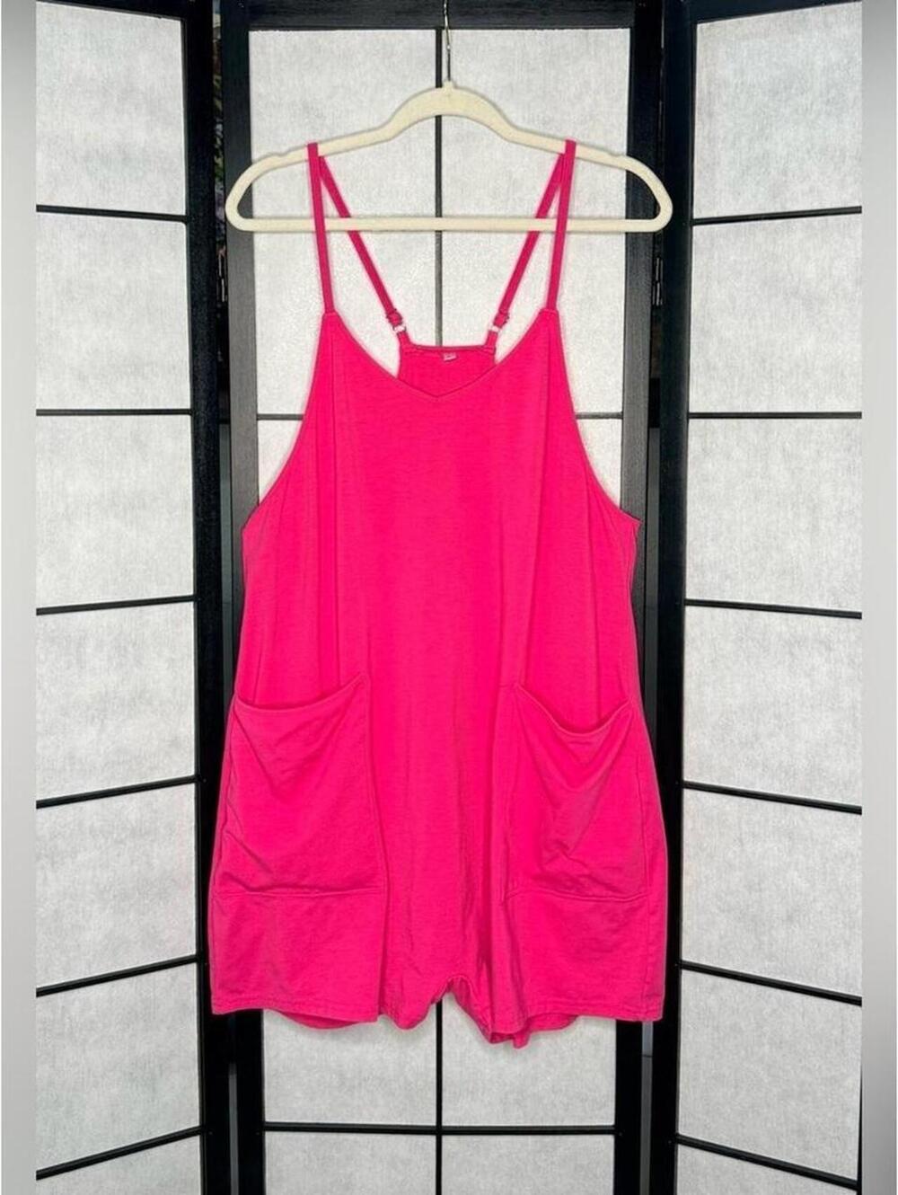 Hot Pink Casual Pocket Romper Jumpsuit - Women's Large